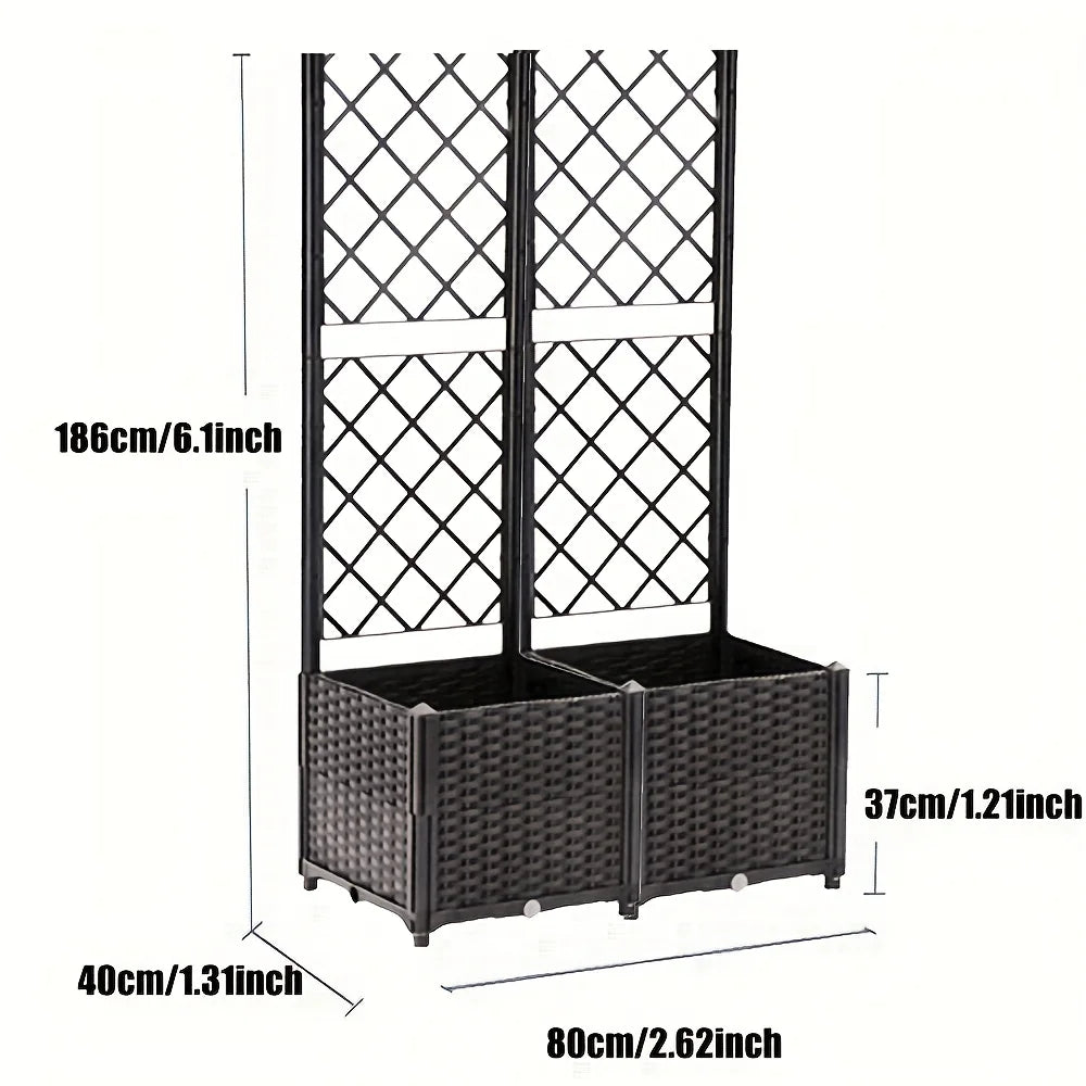 Vine woven brown checkered garden bed - movable large flower box - with supporting climbing plant poles - planting vegetables