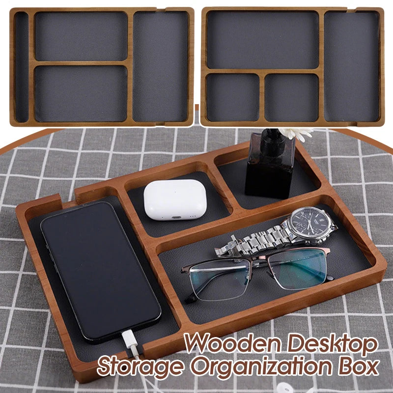 Wooden Desktop Storage Organizer Box With Compartments Home Office Glasses Mobile Phone Earphones Sundries Storage Box