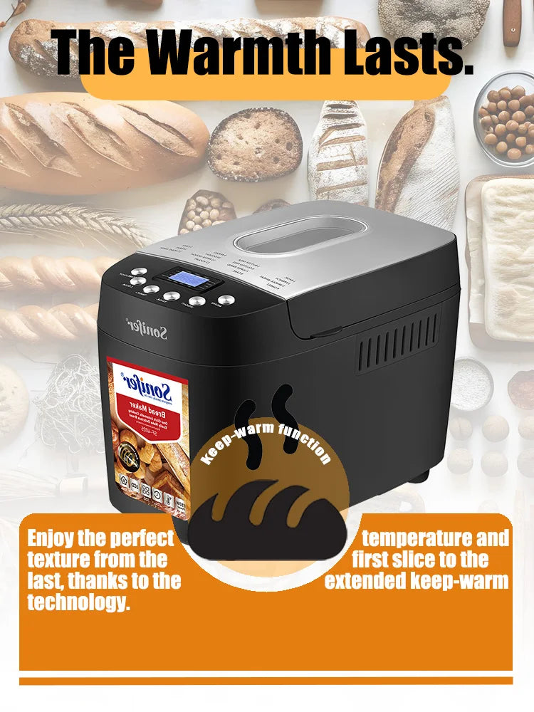 Sonifer 1500g Automatic Bread Maker SF-4025, Dual Kneading Hooks, 15 Programs, 15H Timer, 3 Crust Settings, Keep Warm