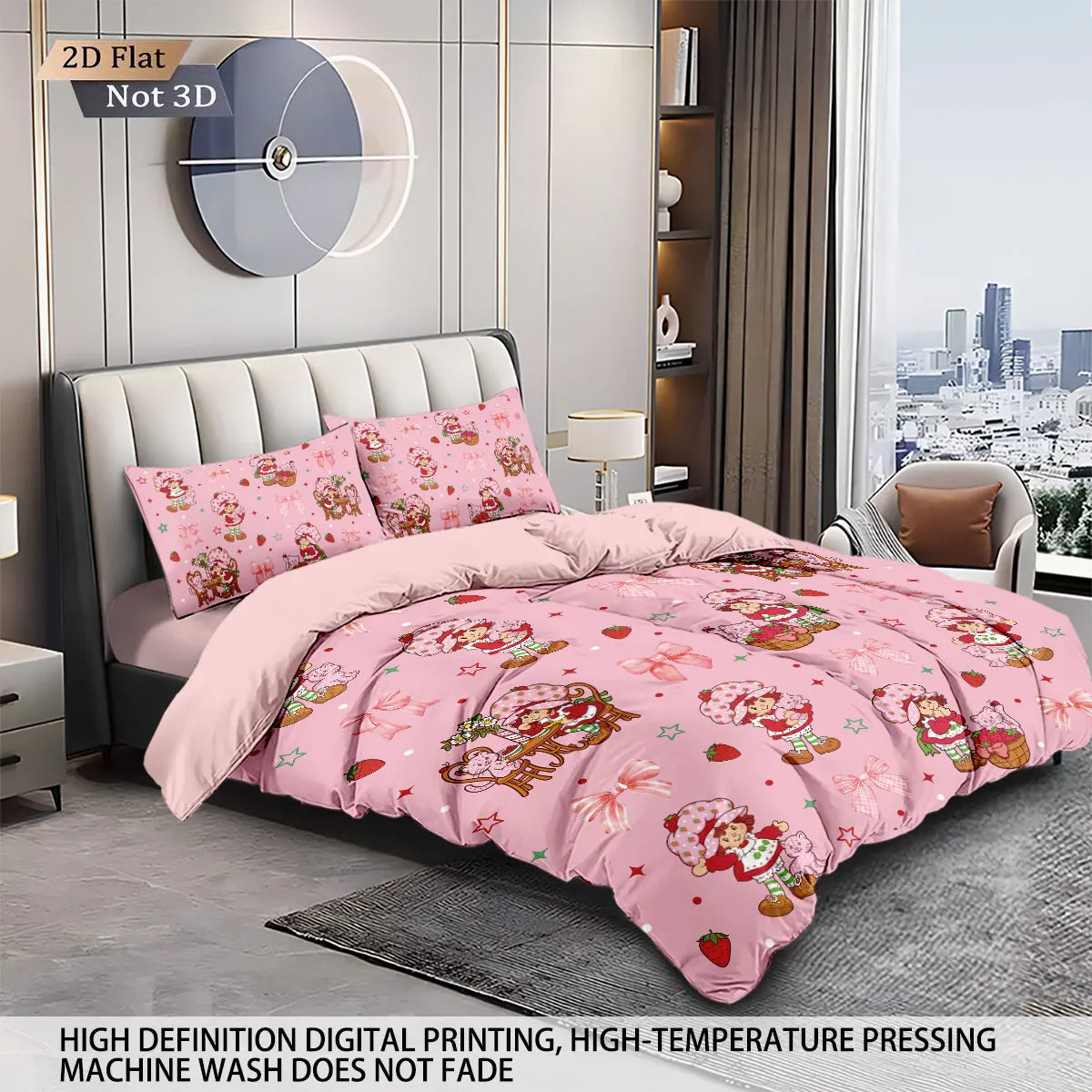 3pcs Pink Strawberry Girl Printed Down Duvet Cover Set, Multi Size Bedroom Bedding Decoration, Machine Washable