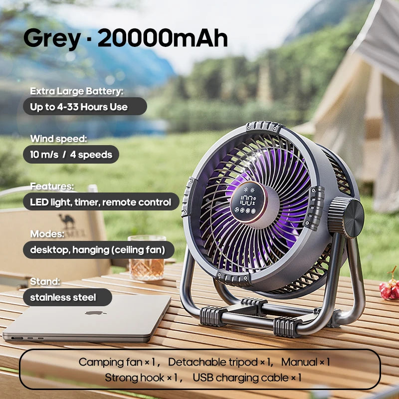 Portable 6 in 1 Outdoor Camping Fan 20000mAh Rechargeable Wireless Tent Ceiling Fan 4 Speed Adjustment LED Lighting Power Bank