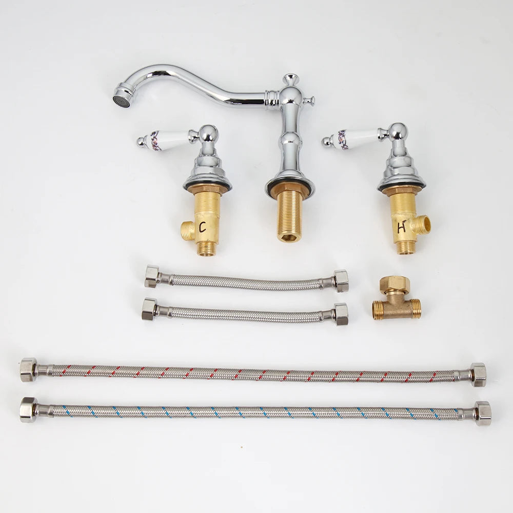 Bathroom Basin Faucet Set – Double-Handle Deck-Mounted
Includes 3-piece brass and chrome taps for hot and cold water. Stylish and durable mixer faucet set for bathtubs and sinks.