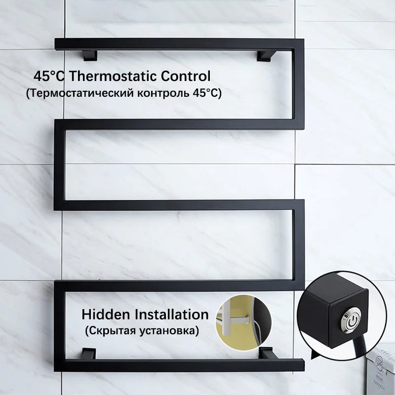 Black/Chrome Electric Towel Rack.Bathroom Electric Heated Towel Rail.Smart Towel Warmer.Creative Bath Towel Radiator.Hidden Wire