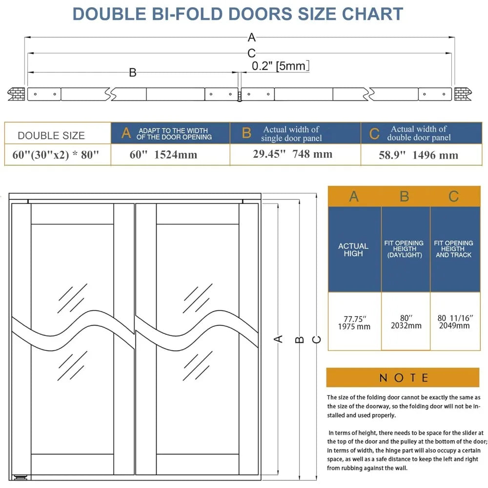 Bi-Fold Doors, for 60"x 80" (Double 30" X 80" Doors) Opening, 3-lite Tempered Frosted Glass Panel,  Bi-Fold Doors