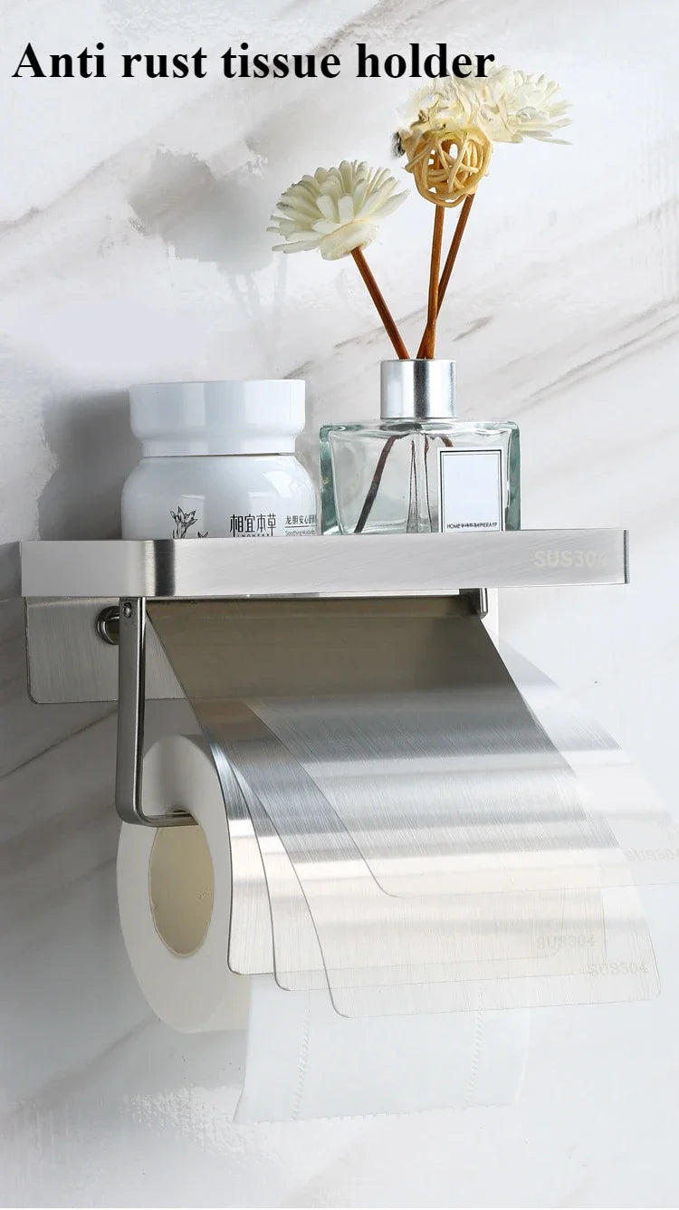Toilet paper rack 304 stainless steel tissue holder, mobile phone rack, non-punching bathroom roll holder