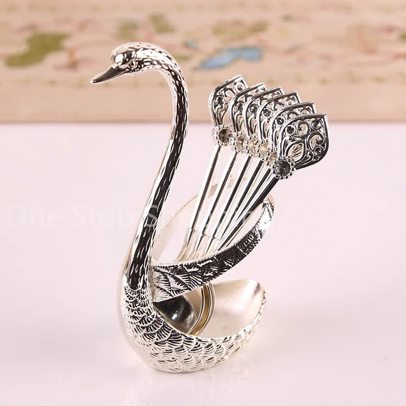 Creative Dinnerware Set Swan Base Holder Decorative Stainless Steel with 6 Spoons for Coffee Fruit Dessert Stirring Mixing