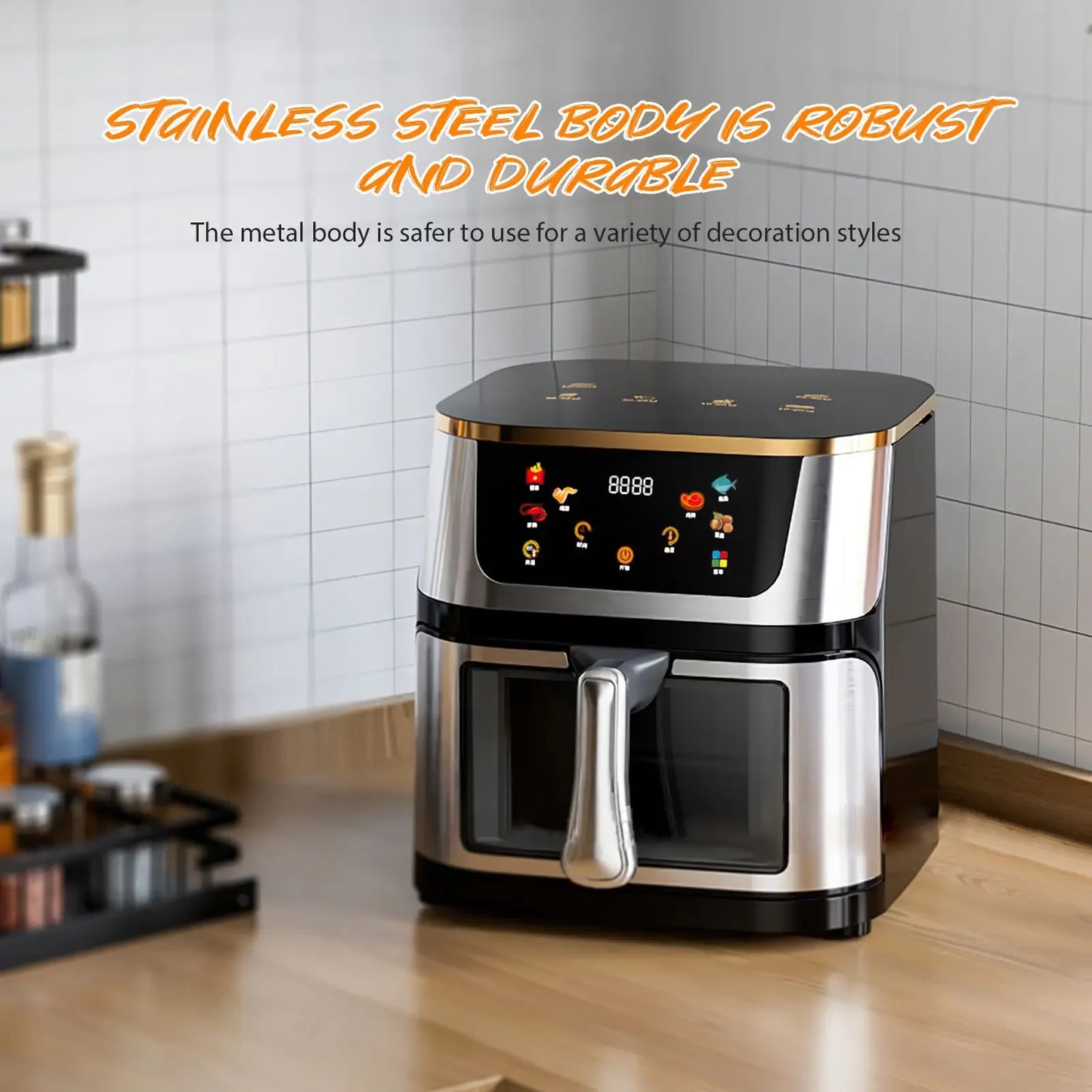 8L Stainless Steel Visible Large Capacity Electric Air Fryer, Multi-function Air Oven, LED Touch Screen,210 ° High Temperature