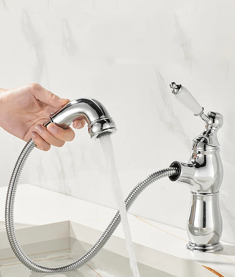 Gold Bathroom Ceramic handle Basin Faucets Pull Out Mixers Sink Faucet Washbasin Taps Water Tap Tapware Crane Brass Material