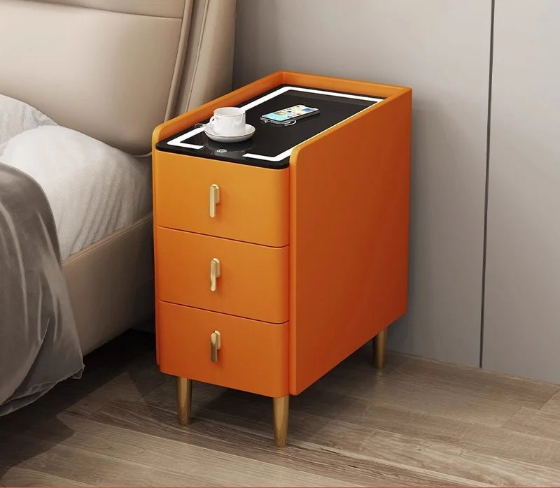Smart Bedside Table, Solid Wood with Faux Leather Features 3 drawers, wireless charging, and side storage. Stylish and functional nightstand for modern bedrooms.