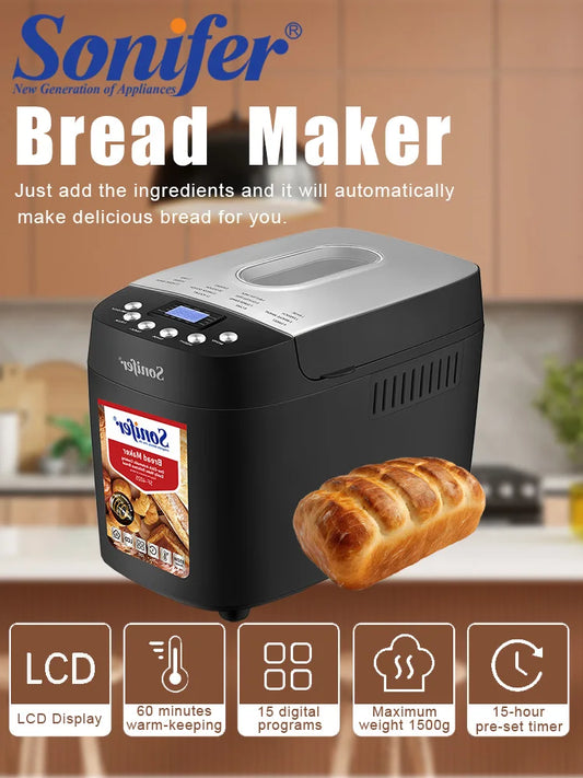 Sonifer 1500g Automatic Bread Maker SF-4025, Dual Kneading Hooks, 15 Programs, 15H Timer, 3 Crust Settings, Keep Warm