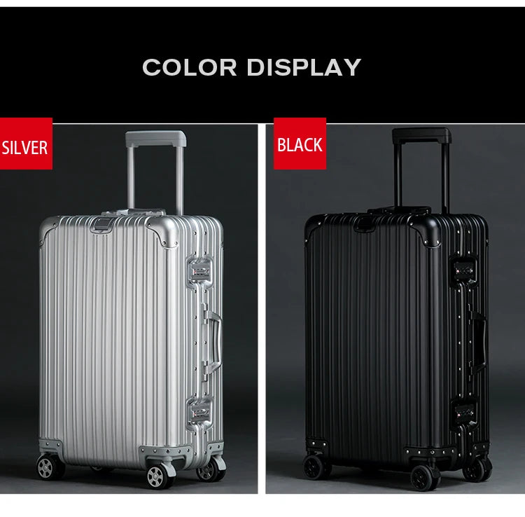 Aluminum-Magnesium Alloy Suitcase, High-Quality Rolling Luggage Available in 20”, 24”, 26”, and 29” sizes. Durable trolley luggage perfect for travel, carry-on, and cabin use.