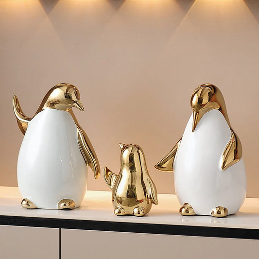 Creative Animal Cartoon Ceramic Figurines Golden Penguin Decoration Little Penguin Sculpture Ceramic Craft Home Decor Accessorie