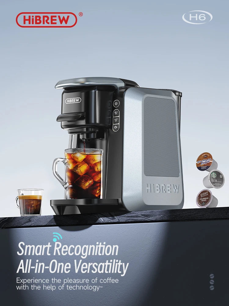 HiBREW 6 in 1 Multiple Capsule Coffee Machine Hot/Cold DG Cappuccino Nes Small Capsule ESE Pod Ground Coffee Cafeteria 20Bar H6