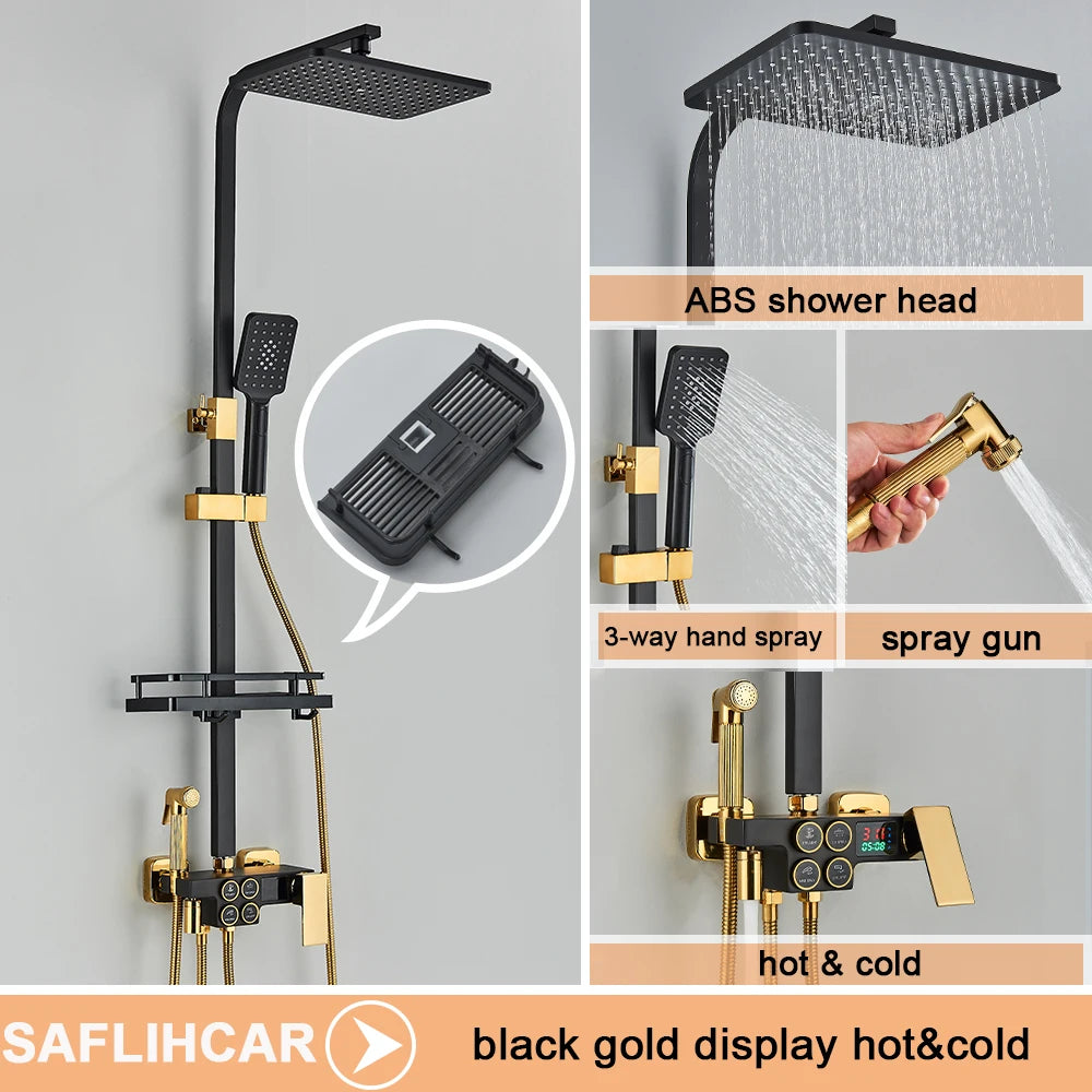 Black Display Thermostatic Shower Faucet Set Rainfall Bathtub Tap With Bathroom Shelf Water Flow Produces Electricity