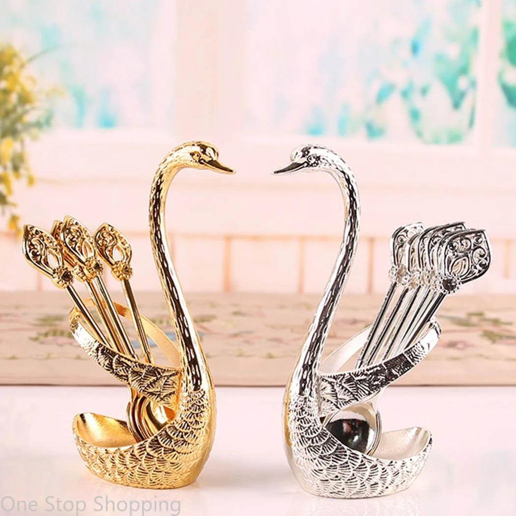 Creative Dinnerware Set Swan Base Holder Decorative Stainless Steel with 6 Spoons for Coffee Fruit Dessert Stirring Mixing