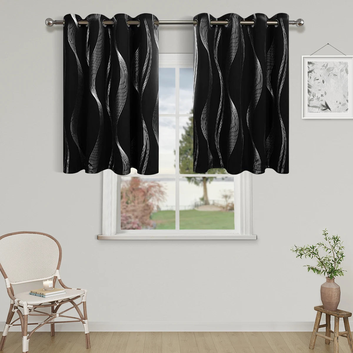 1pc High Precision Silver Embossed Wave Pattern Blackout Curtain, window Curtains for living room bedroom kitchen home decor