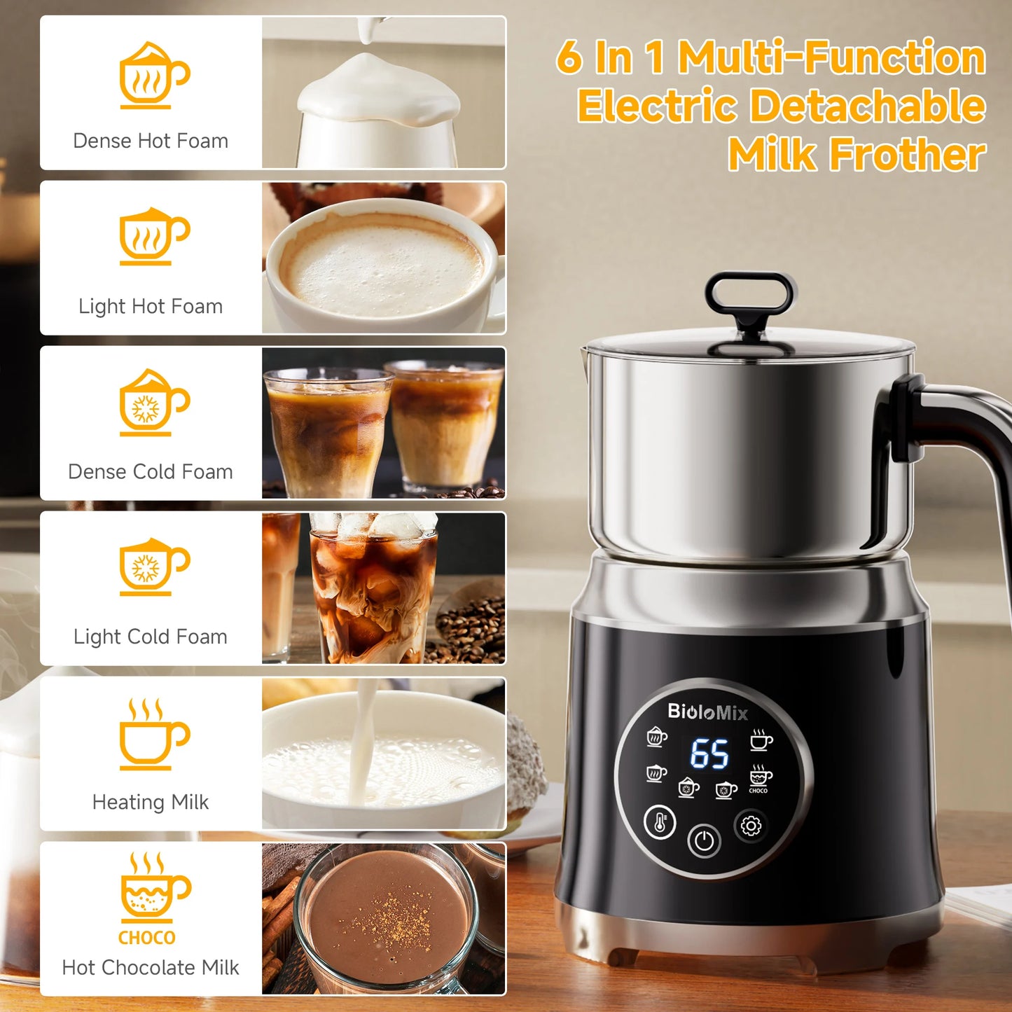BioloMix 7-in-1 Steamer Detachab Electric Milk Frother Automatic Hot/Cold Foam Maker for Coffee, Hot Chocolate Dishwasher Safe