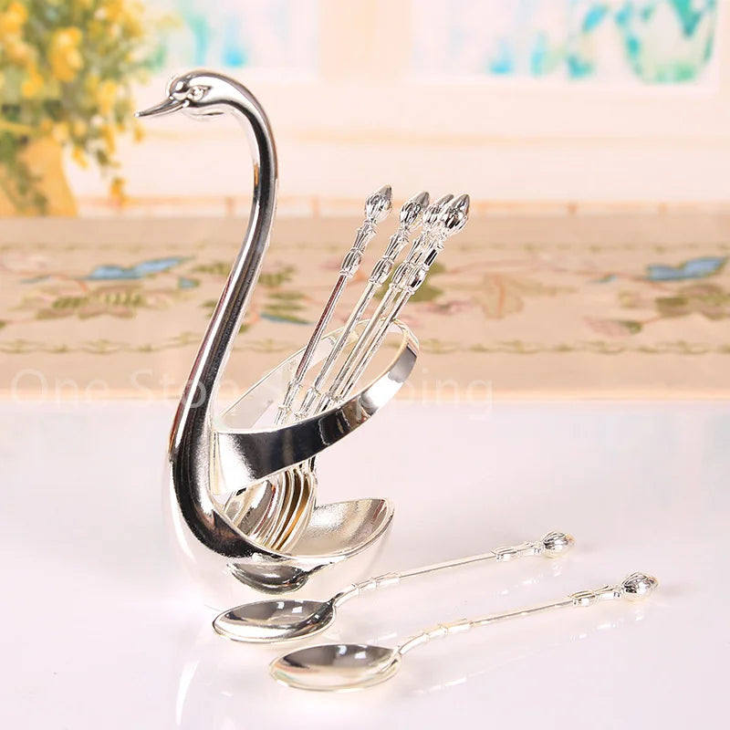 Creative Dinnerware Set Swan Base Holder Decorative Stainless Steel with 6 Spoons for Coffee Fruit Dessert Stirring Mixing