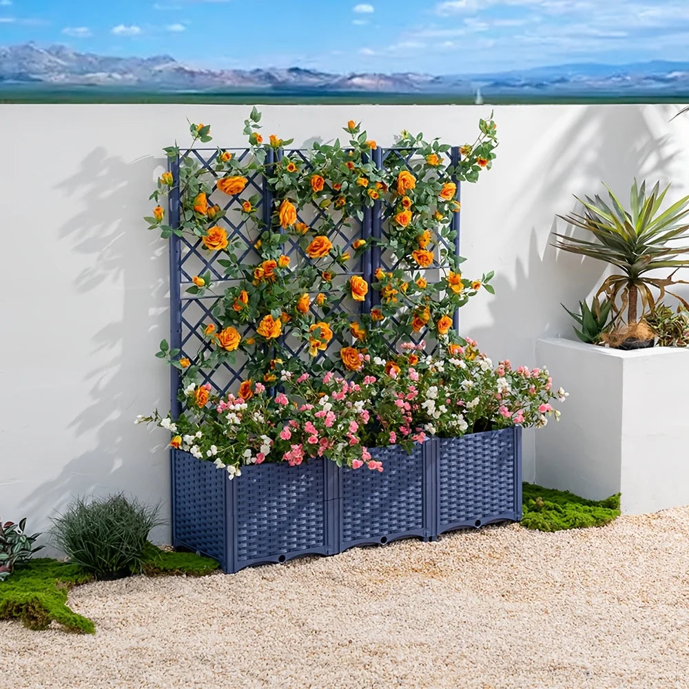 Vine woven brown checkered garden bed - movable large flower box - with supporting climbing plant poles - planting vegetables