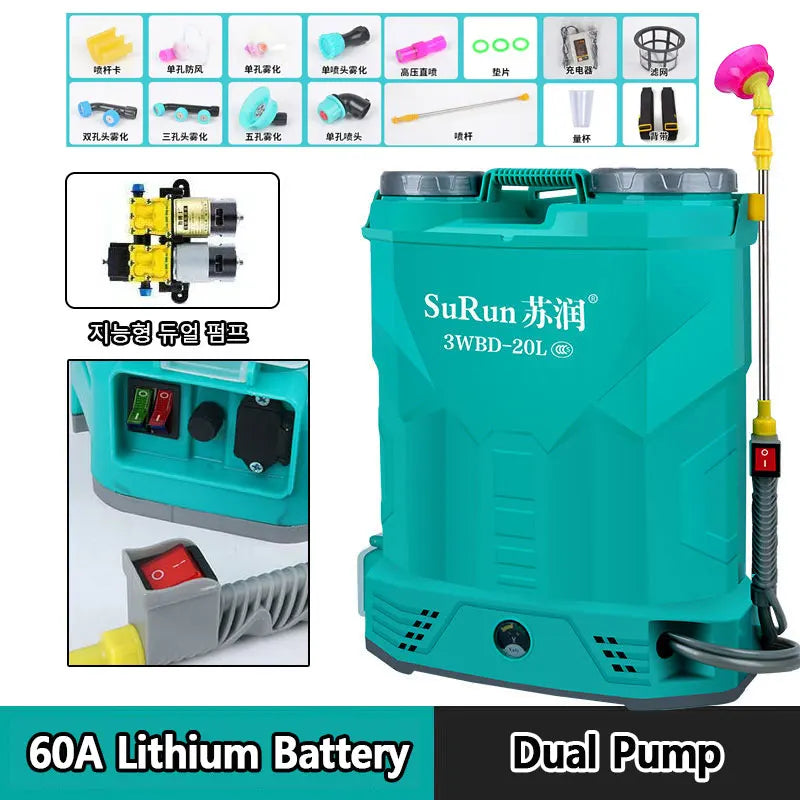 Intelligent Double Pump Electric Sprayer 60A Large Capacity Lithium Battery Agricultural Sprayer Strong Power Spray 20L