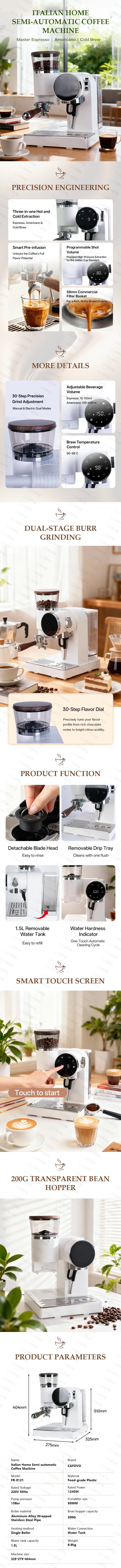 CAFOVO CG01 15 Bar 58mm Semi-Automatic Espresso Machine with Grinder With 30-Step Grinder Cold Brew Coffee Maker for Home Cafe