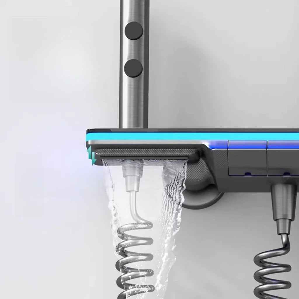 Bathroom Luxury Shower Faucet System with Lights Tempered Glass Shower Set Digital Display Copper Mixer Shower Faucet Set