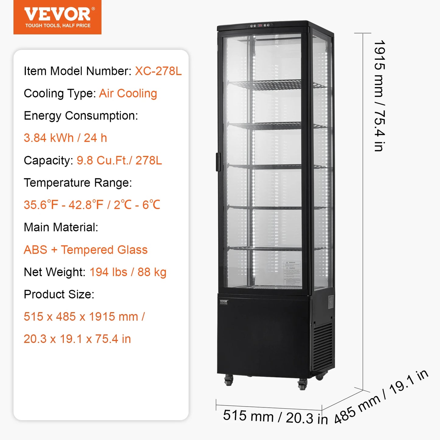SucceBuy 3.5/4.2/5/9.8 cft Refrigerated Display Case Large Commercial Pastry Display Refrigerator with LED Lighting for Bakery