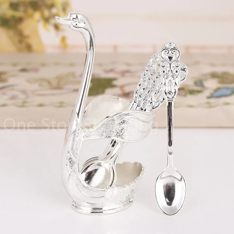 Creative Dinnerware Set Swan Base Holder Decorative Stainless Steel with 6 Spoons for Coffee Fruit Dessert Stirring Mixing