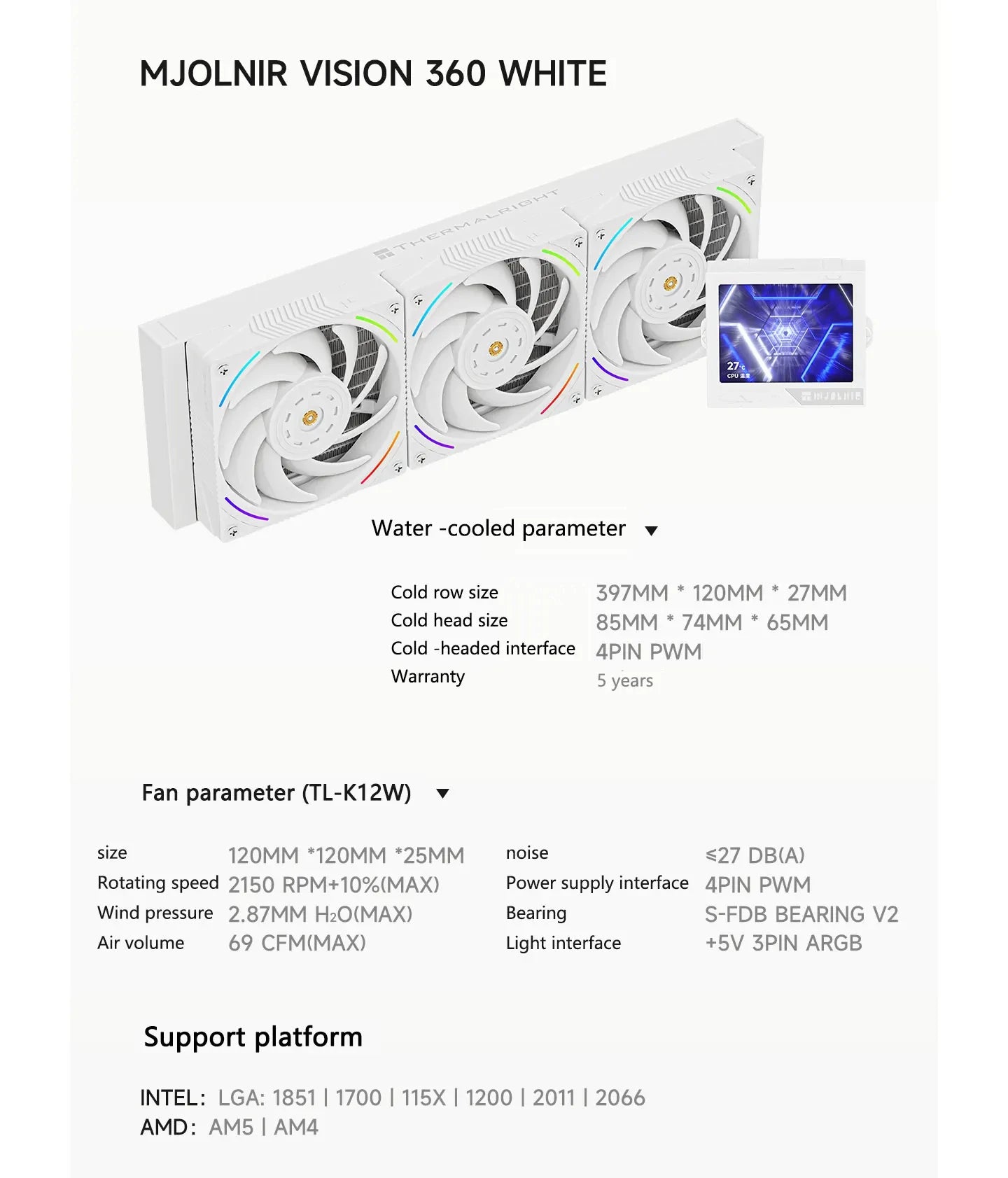Thermalright MJOLNIR VISION 360  ARGB water-cooled 3.5-inch IPS LCD screen, 14th generation LGA1851/AM5 heat sink