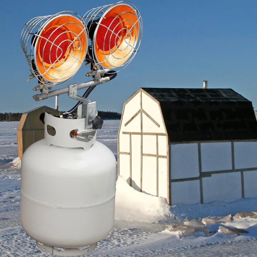 Infra-Red Tank Top Outdoor Heater for Propane Gas Tanks Double Burner 30 000 BTU Silver Camping and Patio Use