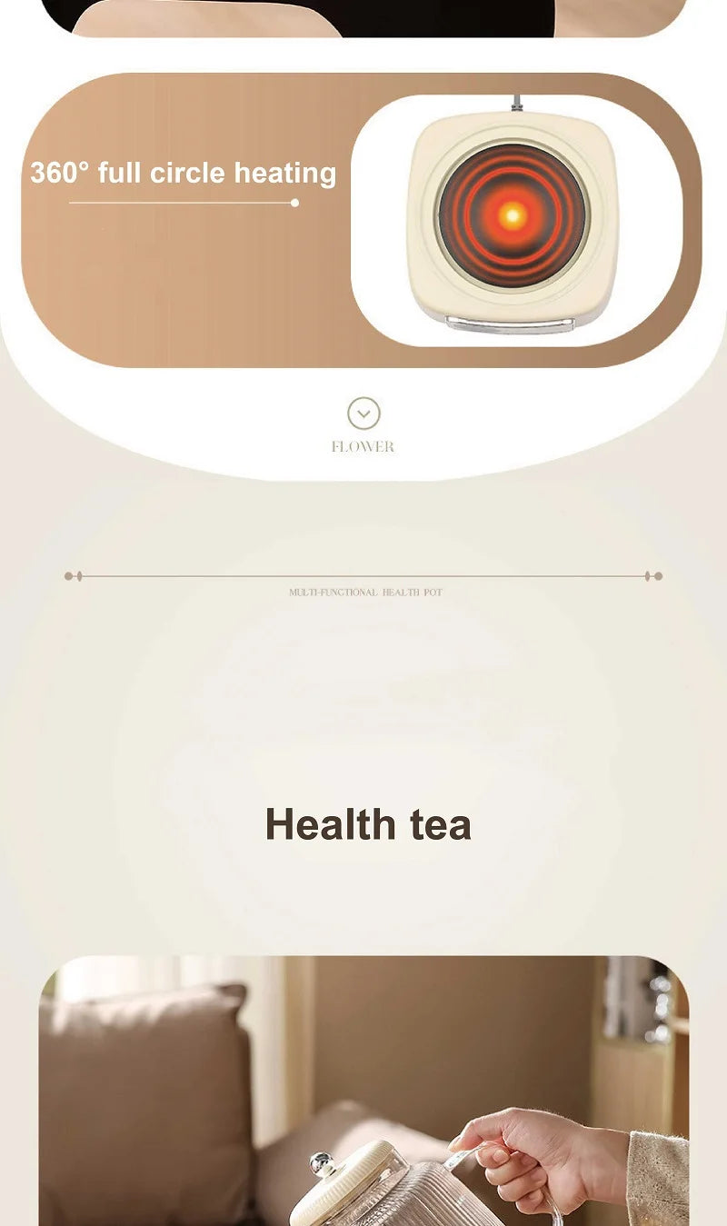 1.5L Health Kettle Temperature Adjust Glass Tea Maker MultiFunction Office Appointment Flower Teapot Portable Electric Hot Cup