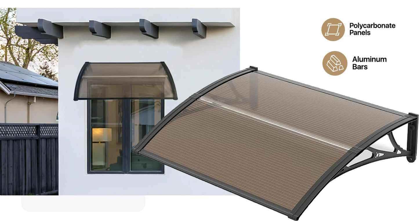 Brown Panels Awning for Door Window Canopy Use of PC Materials for Rain and Sun Protection and Snow Resistance 32/40/48/60/80 IN