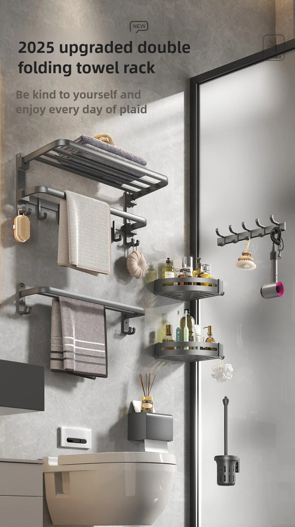 Gun Gray Triple Tier Folding Space Aluminum Towel Rack Wall mounted Hardware Pendant Set Bath Towel Holder Bathroom Accessories