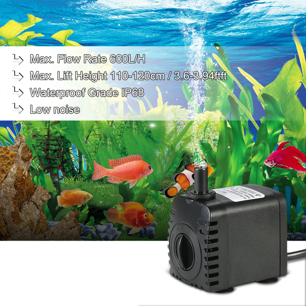 600L/H 8W Submersible Pond Water Pump for Aquarium Tabletop Fountains Pond Water Gardens and Hydroponic Systems with 2 Nozzles