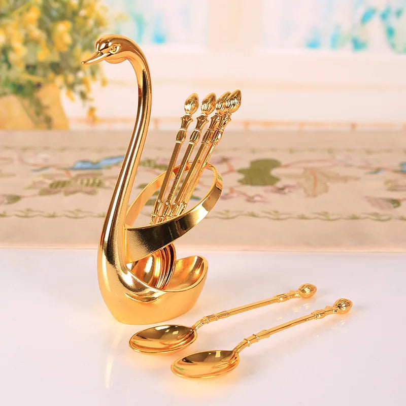 Creative Dinnerware Set Swan Base Holder Decorative Stainless Steel with 6 Spoons for Coffee Fruit Dessert Stirring Mixing