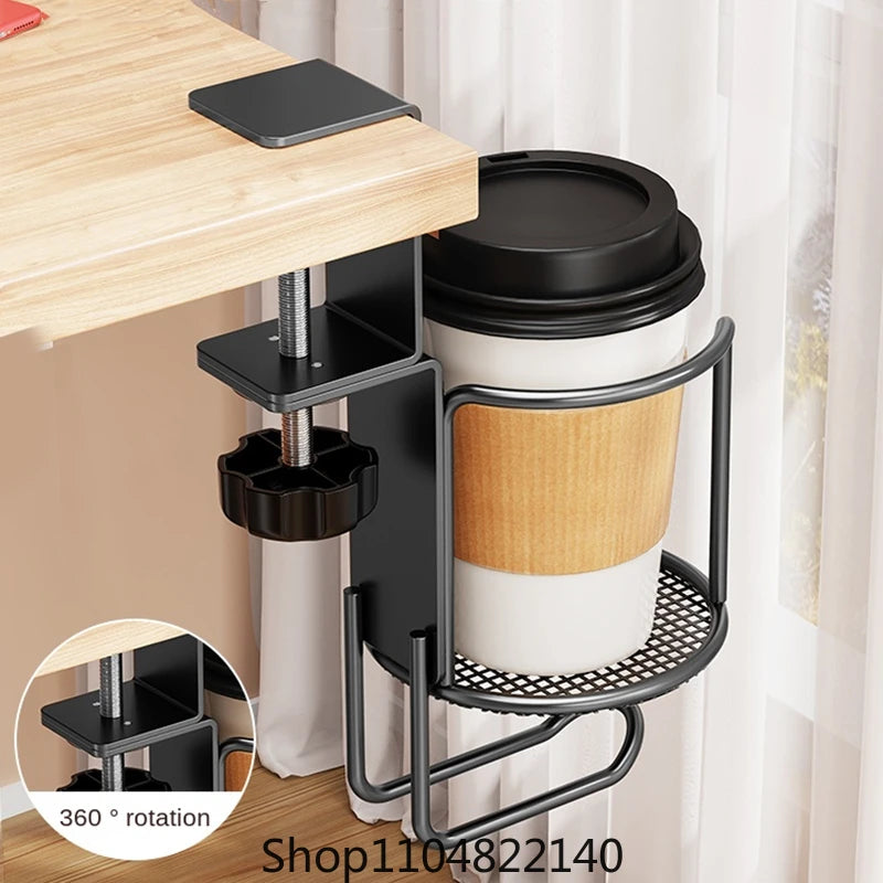 2 in 1 No Drill Desk Cup Holder Adjustable Upgraded Arm Clamp Stand 360 Degree Rotating Table Edge Clamp Anti-Fall Cup Holder