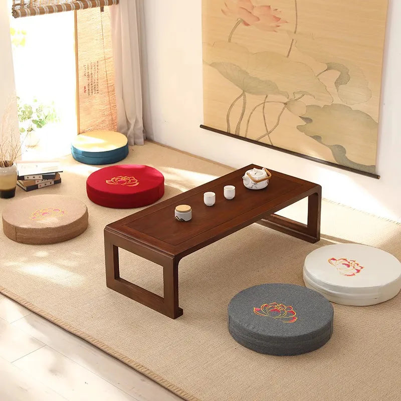 40x6cm Linen Meditation Cushion Round Yoga Floor Pillow Lotus Embroidery Zafu Tatami Seat Pad Removable Cover