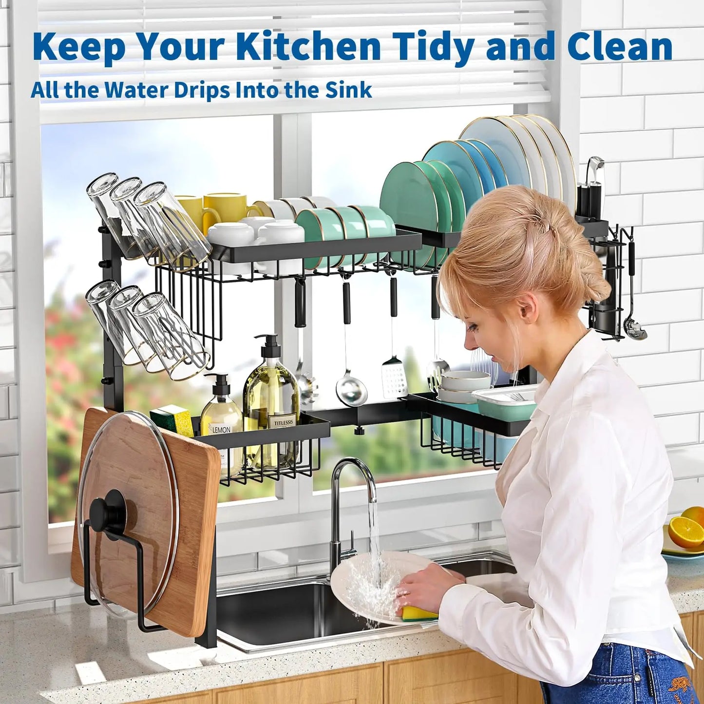 Over-the-Sink Dish Drying Rack – Expandable 2-Tier Stainless steel design with utensil holder. Space-saving, durable, and perfect for organized kitchen drying.