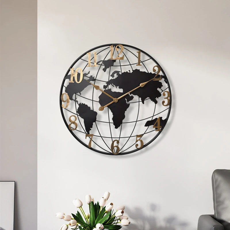 Round Silent Non-Ticking Battery Operated Wall Clocks 60/75/90cm Large Map Wall Clock Metal Minimalist Clock for Living Room