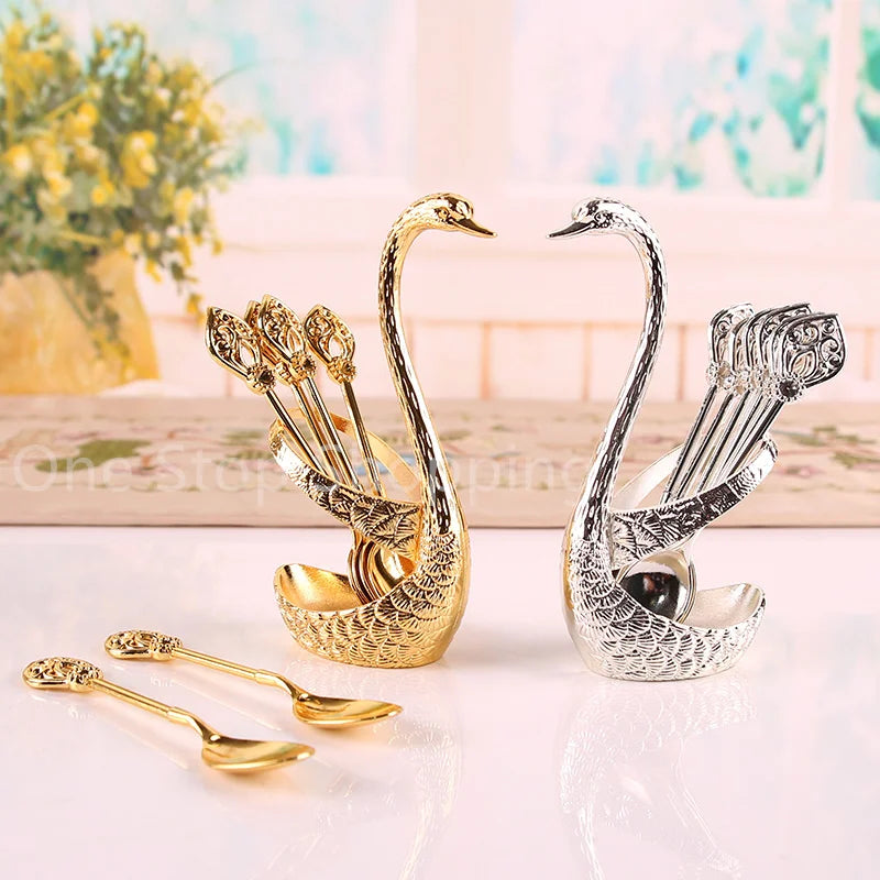 Creative Dinnerware Set Swan Base Holder Decorative Stainless Steel with 6 Spoons for Coffee Fruit Dessert Stirring Mixing
