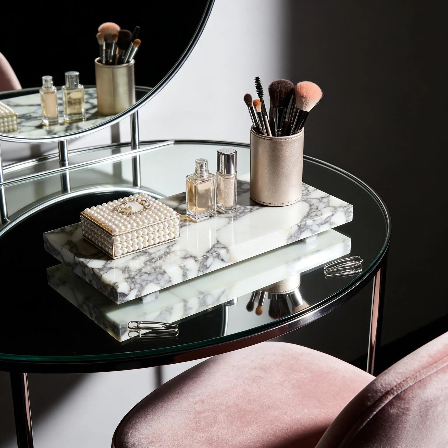 Calacatta Viola Marble Pedestal Stand, Luxury Bathroom Vanity Tray Dresser Organizer for Jewelry Cosmetics Decorative Stone Base