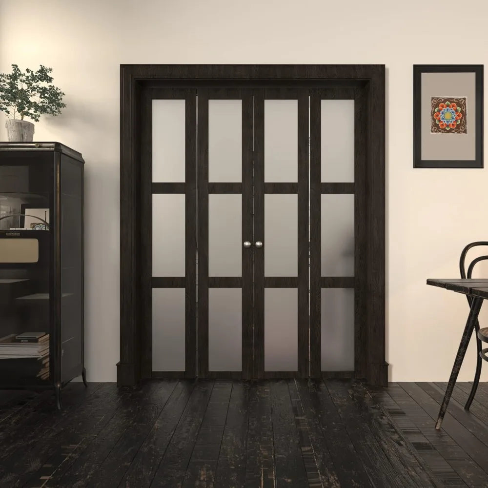Bi-Fold Doors, for 60"x 80" (Double 30" X 80" Doors) Opening, 3-lite Tempered Frosted Glass Panel,  Bi-Fold Doors