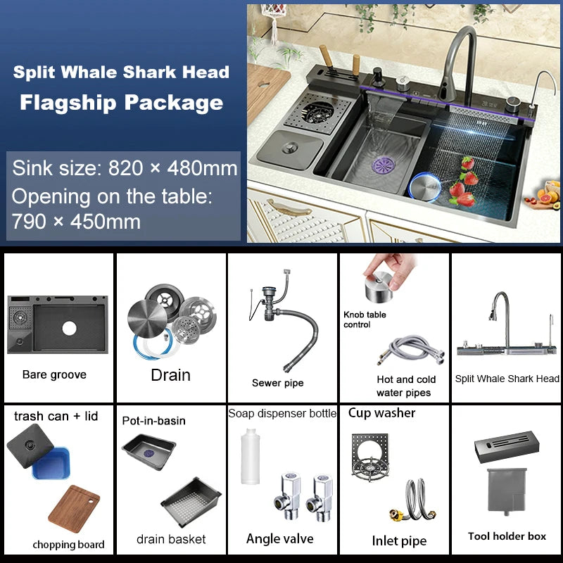 Extra Large Stainless Steel Waterfall Kitchen Sink Embossed Single Solt Digital Display Multifunctional Dishwashing Sink