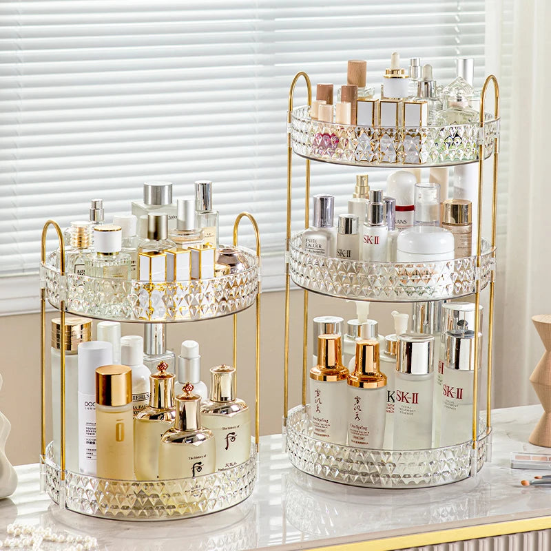 360° Rotating Cosmetic Organizer – 3-Tier Design Transparent diamond pattern rack with smooth rotation. Stylish, space-saving storage for bathroom or vanity essentials.