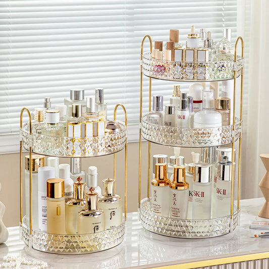 360° Rotating Cosmetic Organizer – 3-Tier Design Transparent diamond pattern rack with smooth rotation. Stylish, space-saving storage for bathroom or vanity essentials.