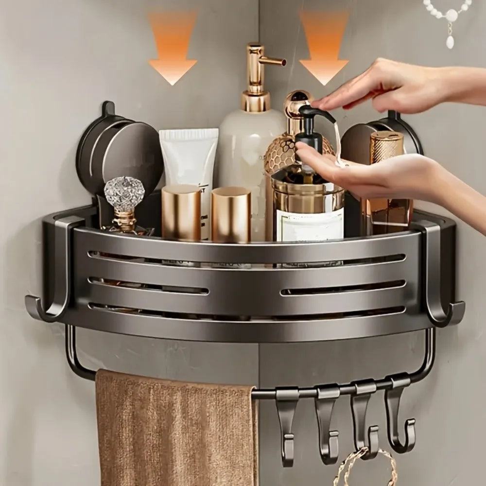 Triangular Space-Saving Suction Cup Bathroom Storage Shelf  No Drilling Required Multifunctional Storage Organizer with Hooks