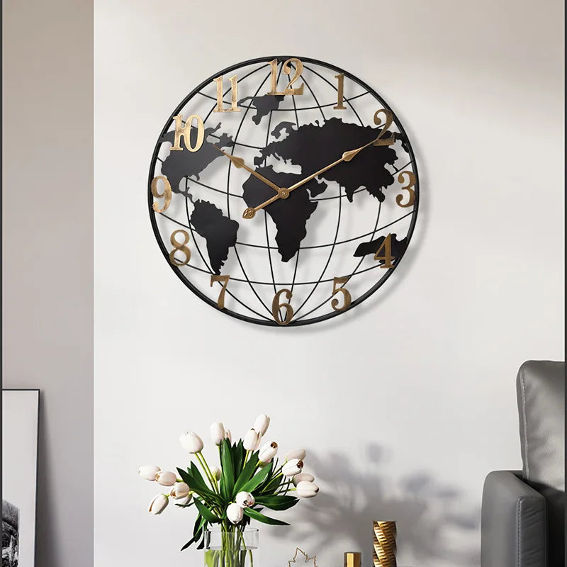 Round Silent Non-Ticking Battery Operated Wall Clocks 60/75/90cm Large Map Wall Clock Metal Minimalist Clock for Living Room