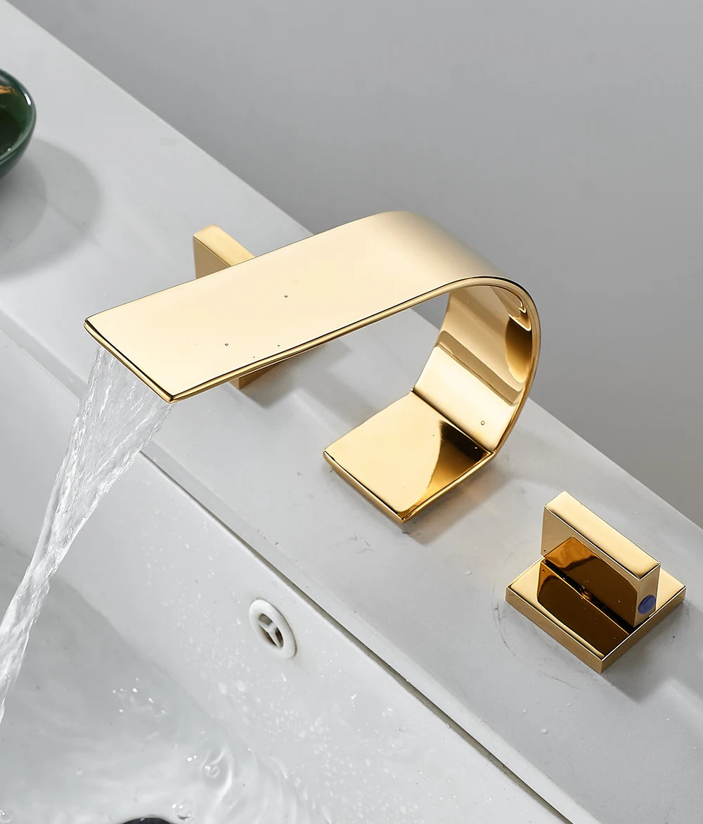 BAKALA 3 Pieces Brush And Gold Deck Mounted Waterfall Wide Spout Double Handles Bath Bathtub Faucet Bathroom Mixer Tap