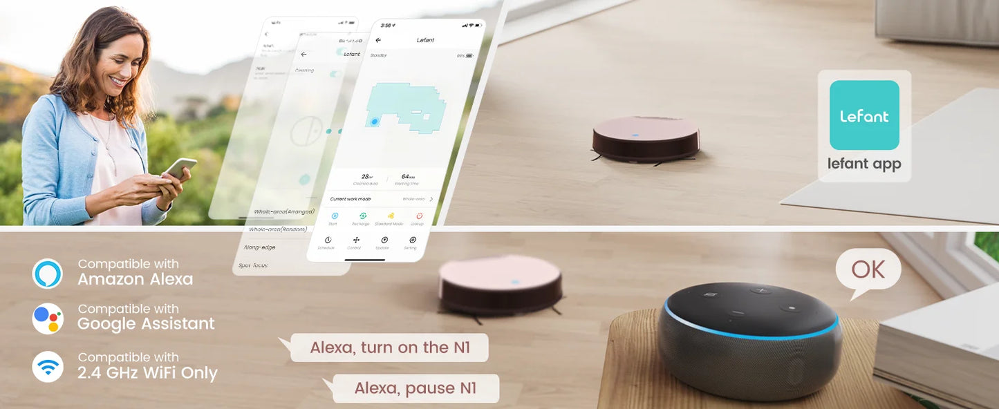 Lefant N1 Robot Vacuum Cleaner, Suction Power 4500PA, 4 Cleaning Modes, App Control, Up to 165 Minutes Autonomy