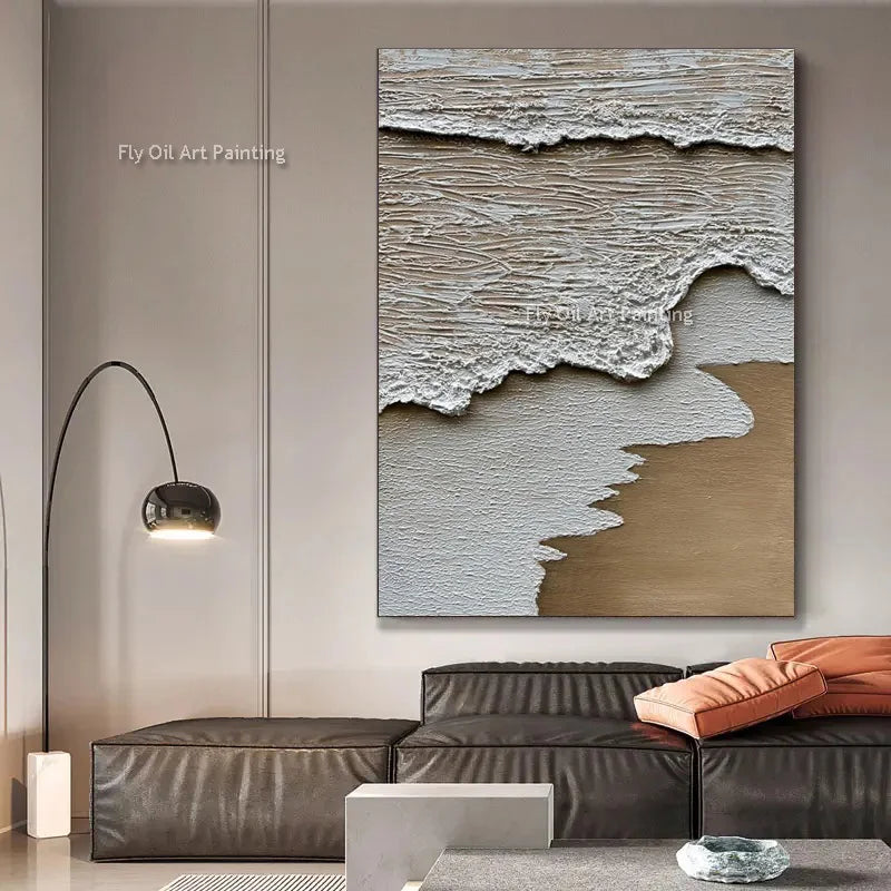 Simple Design Hand Drawn Brown And White Abstract Seawaves Thick Oil Painting On Canvas Green Beige Waves Wall Art For Decor